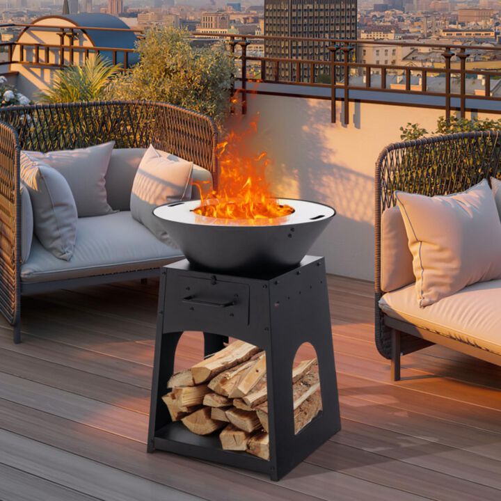 Hivvago Patio Fire Pit with Firewood Log Rack with Grill and Ash Box