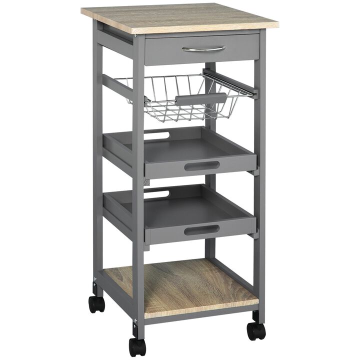 Mobile Rolling Kitchen Island Trolley Serving Cart with Underneath Drawer & Slide-Out Wire Storage Basket, Grey