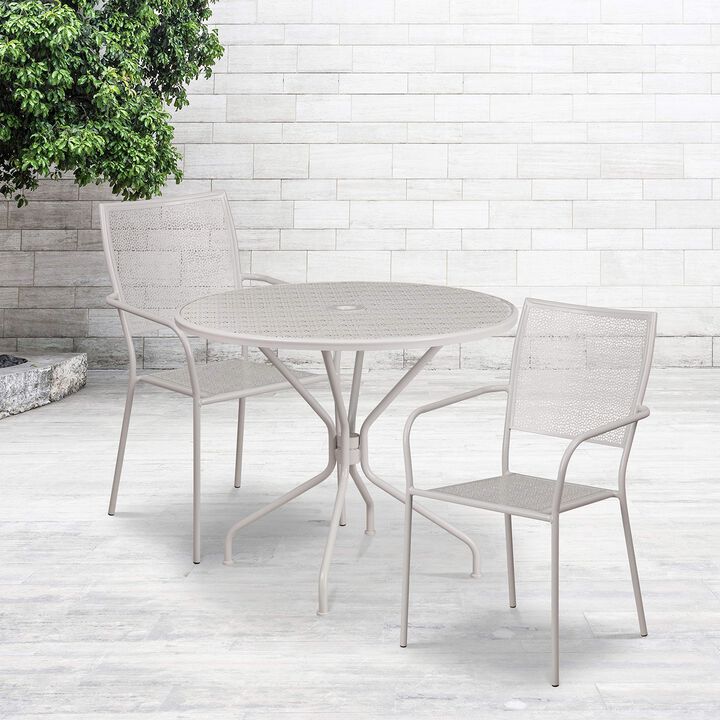 Flash Furniture Commercial Grade 35.25" Round Light Gray Indoor-Outdoor Steel Patio Table Set with 2 Square Back Chairs