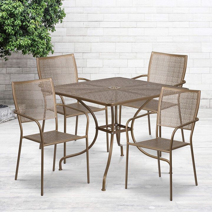 Flash Furniture Oia Commercial Grade 35.5" Square Gold Indoor-Outdoor Steel Patio Table Set with 4 Square Back Chairs