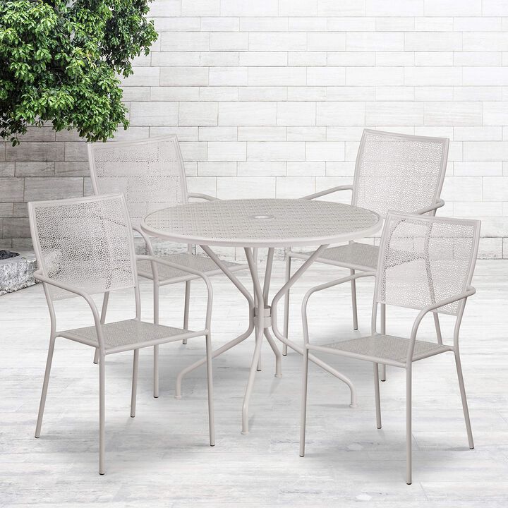 Flash Furniture Oia Commercial Grade 35.25" Round Light Gray Indoor-Outdoor Steel Patio Table Set with 4 Square Back Chairs