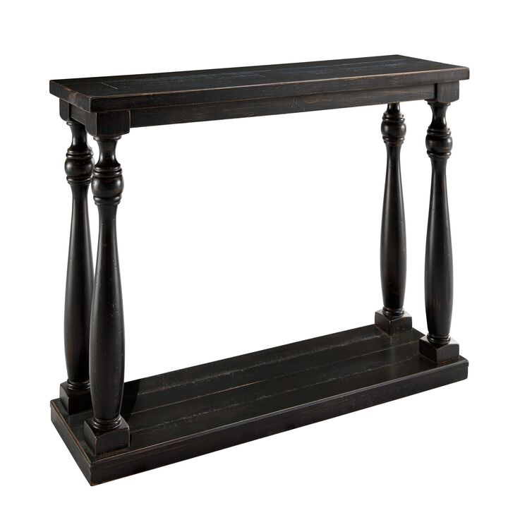 Wire Brush Wooden Frame Sofa Table with Turned Legs, Antique Black-Benzara