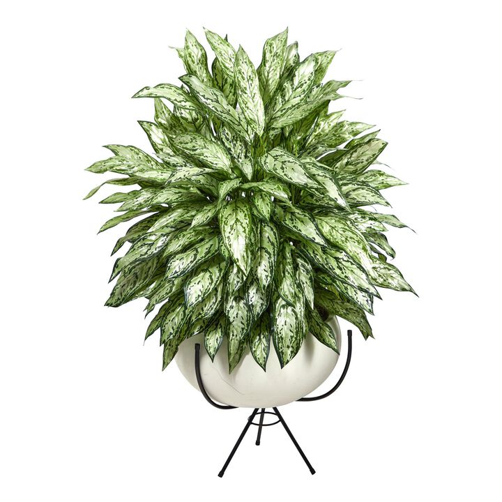 Nearly Natural 4-ft Silver Queen Plant in White Planter with Metal Stand