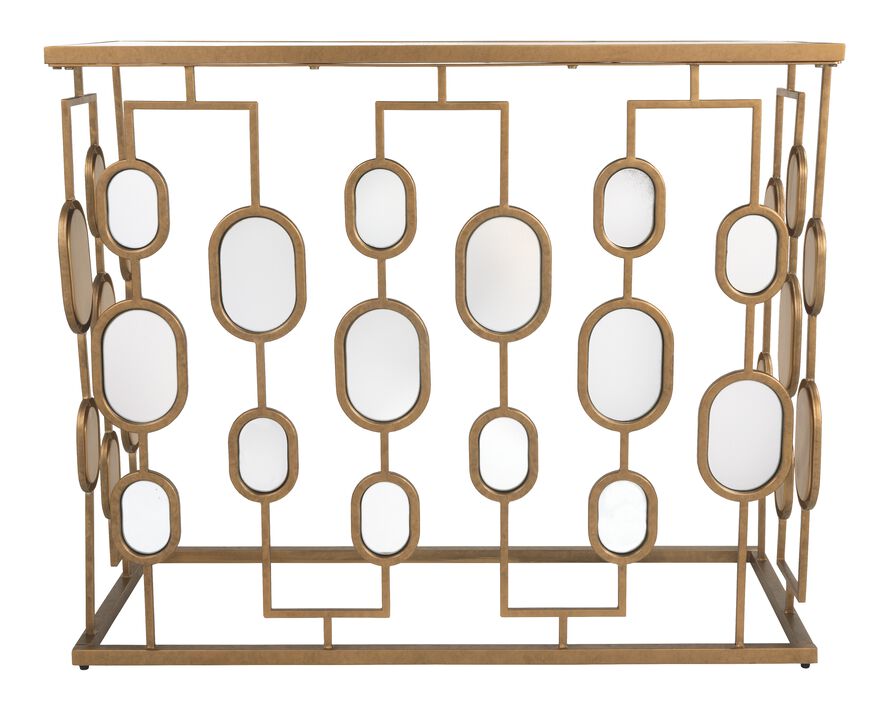 Metal and Glass Console Table with Oval Mirror Accents, Gold-Benzara