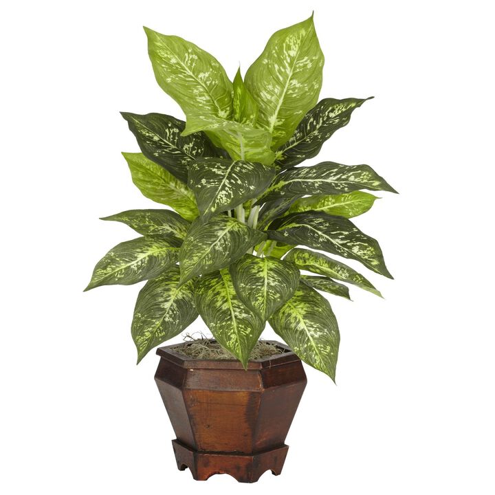 Nearly Natural Golden Dieffenbachia w/Wood Vase Silk Plant Variegated