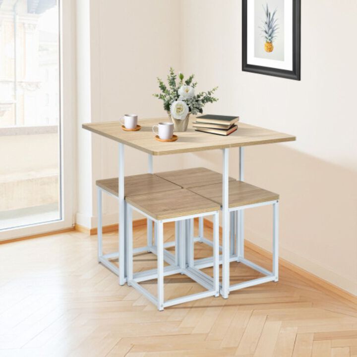 5 Pieces Metal Frame Dining Set with Compact Dining Table and 4 Stools