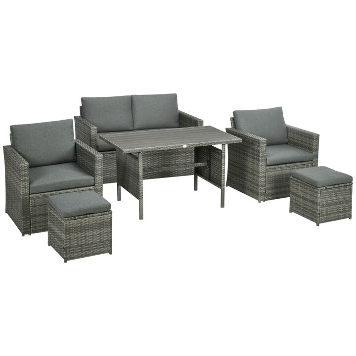 Outsunny 6 Piece Patio Dining Set, PE Rattan Furniture Set with 2 Chairs Cushions & Outdoor Loveseat Sofa, Woodgrain Slatted Dinner Table, Gray