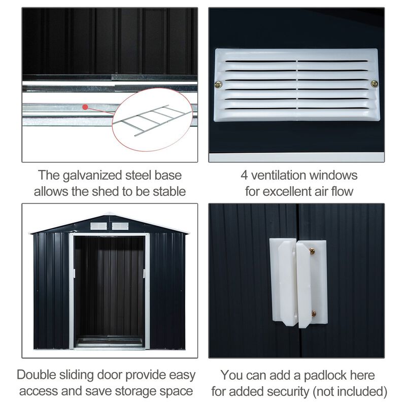 7'x4' Metal Outdoor Backyard Garden Utility Storage Tool Shed Kit  Spacious Design & Ventilation Windows