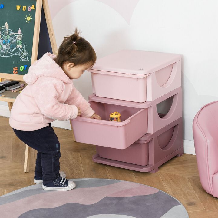 3 Tier Kids Storage Unit Dresser Tower with Drawers Chest, Toy Organizer for Bedroom, Nursery, Kindergarten & Living Room for Toddlers, Pink