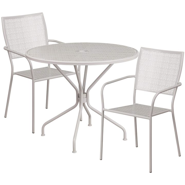 Flash Furniture Commercial Grade 35.25" Round Light Gray Indoor-Outdoor Steel Patio Table Set with 2 Square Back Chairs