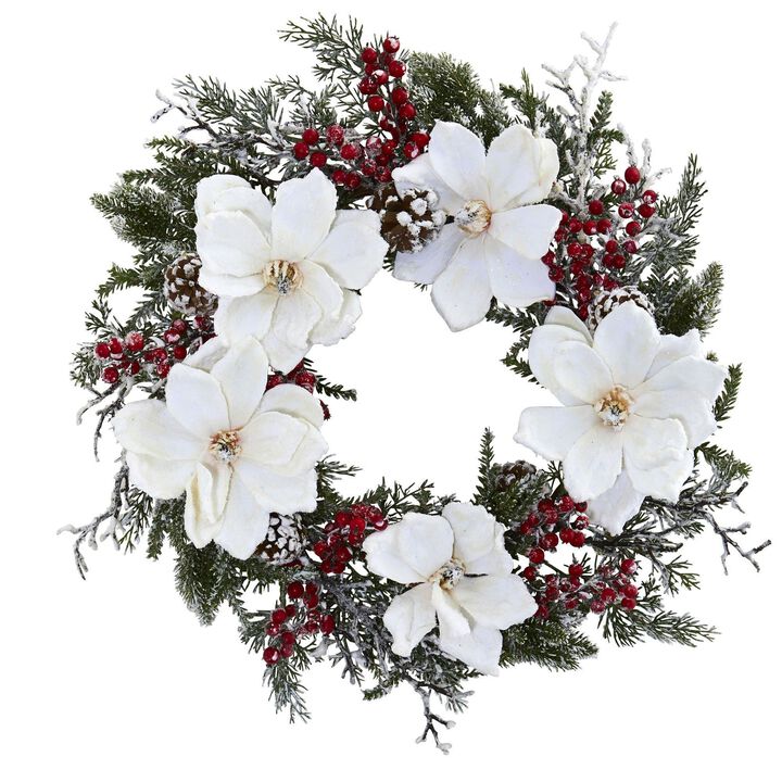Nearly Natural 22-in Frosted Magnolia & Berry Wreath