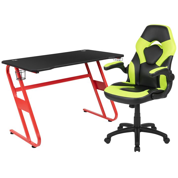 Flash Furniture Red Gaming Desk and Green/Black Racing Chair Set with Cup Holder and Headphone Hook