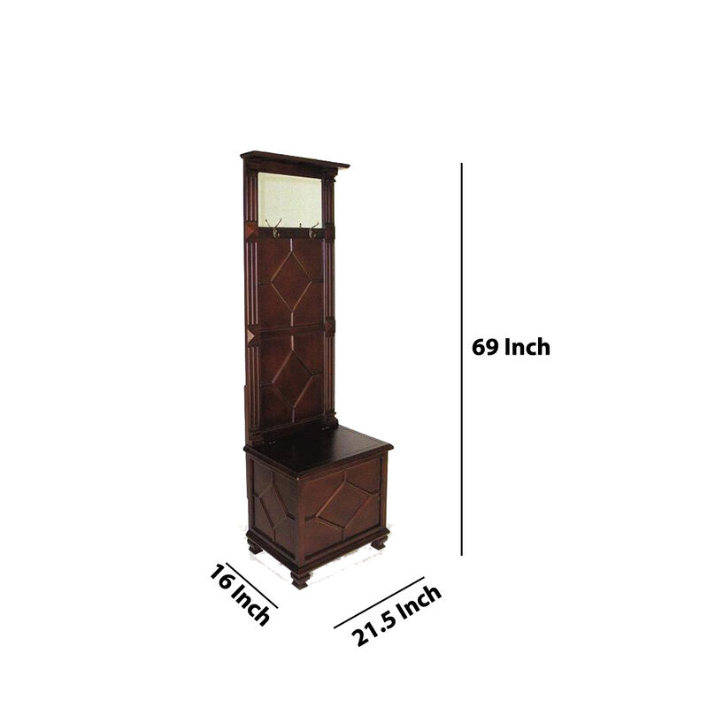 Molded Wooden Frame Hall Tree with Lift Top Box and Mirror Insert, Brown-Benzara