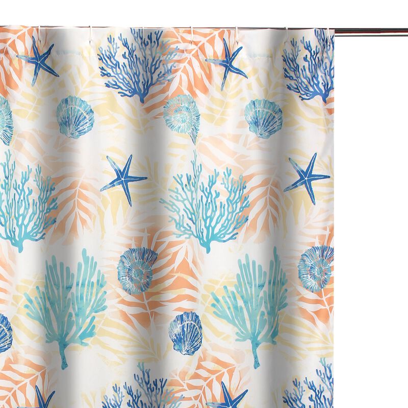 Geo 72 Inch Shower Curtain, White Blue Polyester, Seashells and Ferns Print-Benzara