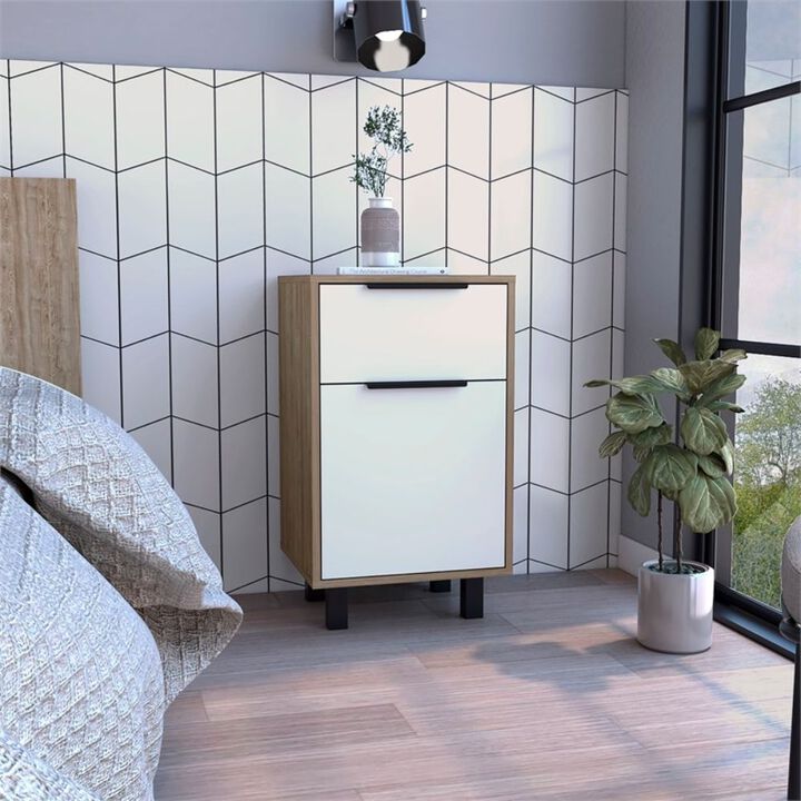 Homezia Stylish White and Pine Bedroom Nightstand