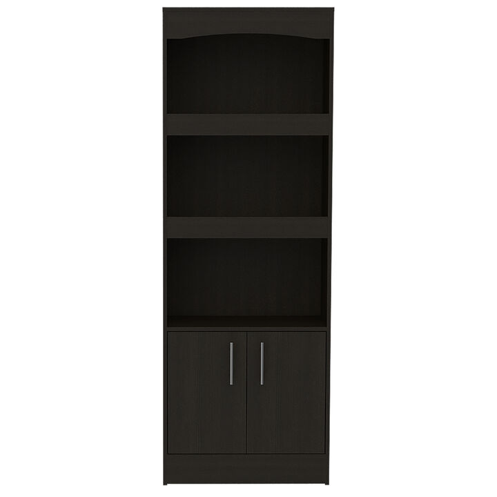 Simma Bookcase, Metal Hardware, Three Shelves, Double Door Cabinet -Black