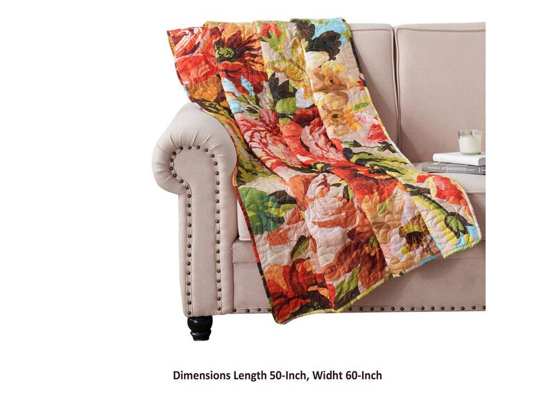 Dahl 50 x 60 Quilted Floral Throw Blanket with Polyester Fill, Multicolor - Benzara