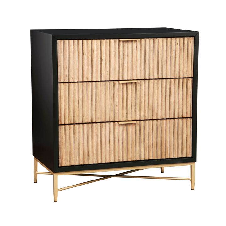 Accent Chest with 3 Corrugated Drawers and Metal Base, Black-Benzara