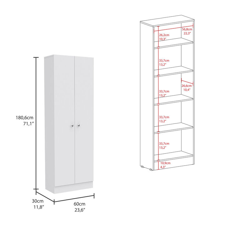 Multi Storage Pantry Cabinet, Five Shelves, Double Door Cabinet -White