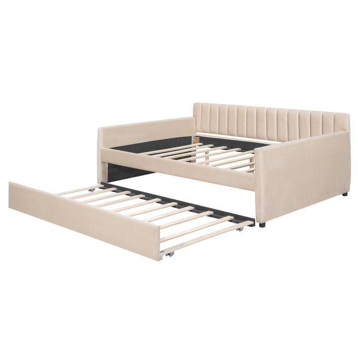 Upholstered Daybed with Trundle and Wood Slat Support