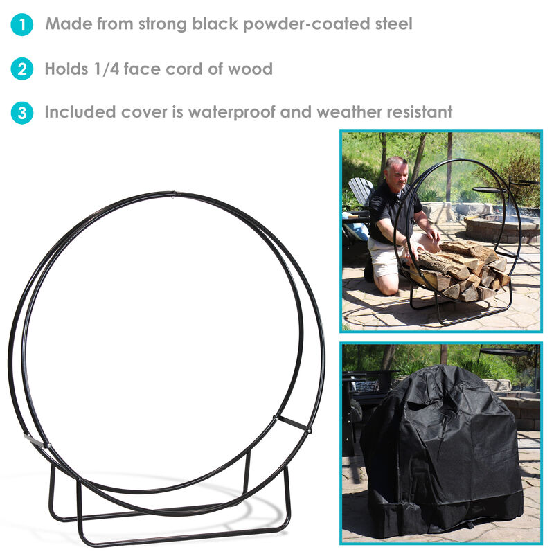 Sunnydaze Powder-Coated Steel Firewood Log Hoop Rack with Black Cover