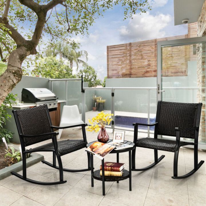 3 Pieces Patio Rattan Furniture Set with Coffee Table and Rocking Chairs