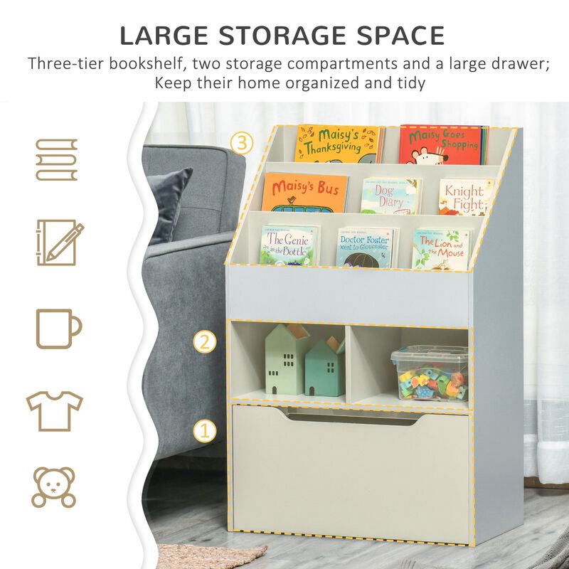 Kids Bookcase Multi-Shelf Book Rack Organizer with Mobile Drawer for Book Magazine Toy Study Bedroom Playroom, Grey