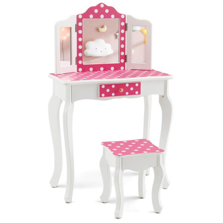 Hivvago Kids Vanity Table and Stool Set with Cute Polka Dot Print-Pink