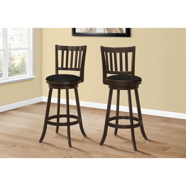 Monarch Specialties I 1236 Bar Stool, Set Of 2, Swivel, Bar Height, Wood, Pu Leather Look, Brown, Black, Transitional