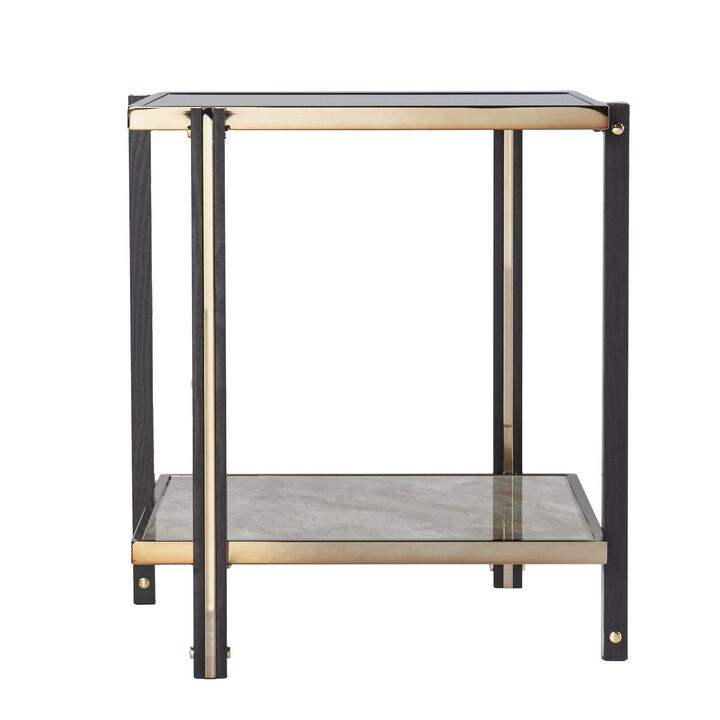 Homezia 24" Champagne Glass And Iron Square Mirrored End Table With Shelf