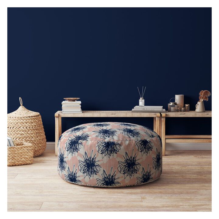 Homezia 24" Pink And Blue Canvas Round Floral Pouf Ottoman