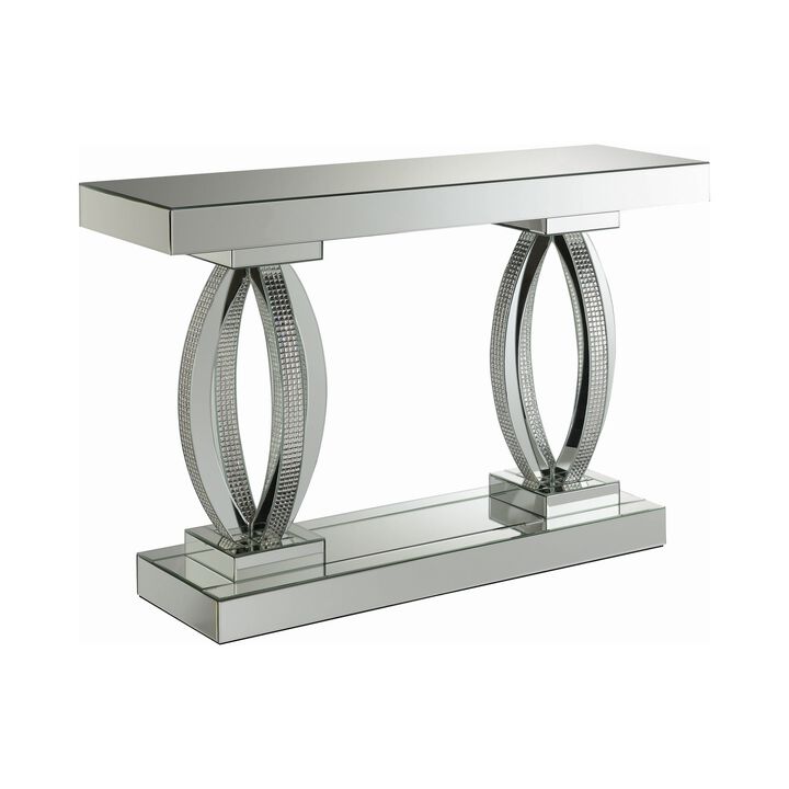 Mirrored Wooden Sofa Table with Curved Base and 1 Open Shelf, Silver-Benzara