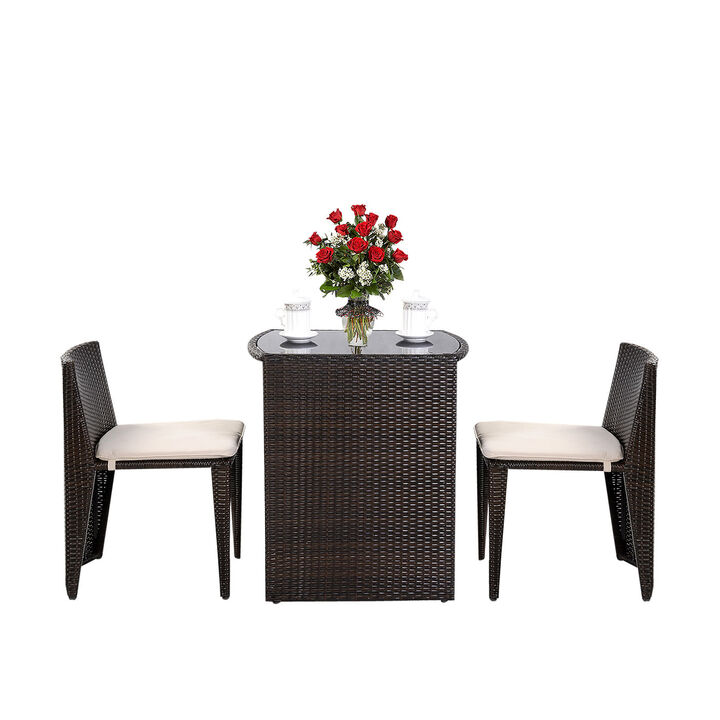 3 Pieces Cushioned Wicker Patio Bistro Set with No Assembly Needed