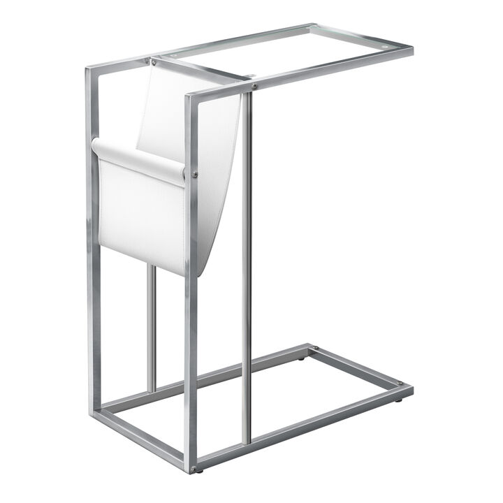 Monarch Specialties I 3034 Accent Table, C-shaped, End, Side, Snack, Magazine Storage, Living Room, Bedroom, Metal, Pu Leather Look, Tempered Glass, Chrome, Clear, Contemporary, Modern