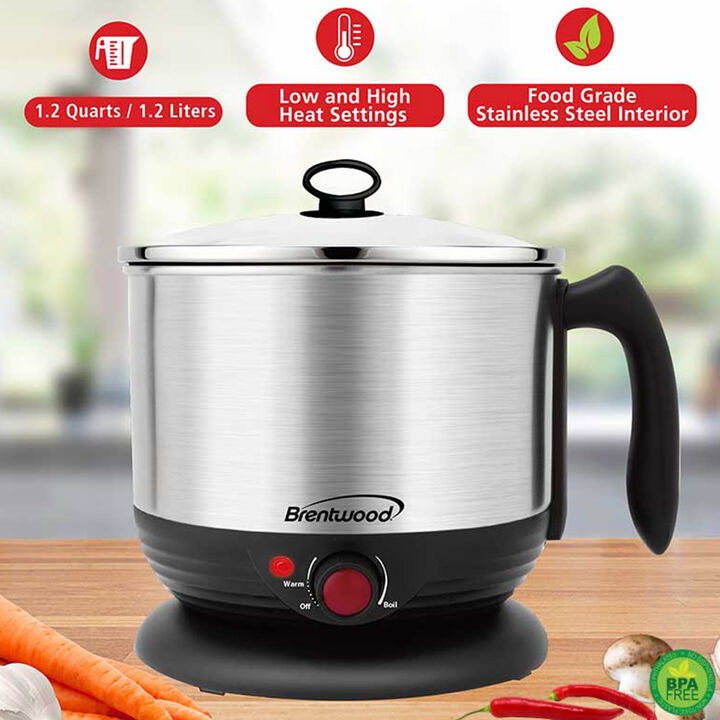 Brentwood Stainless Steel 1.3 Quart Cordless Electric Hot Pot Cooker and Food Steamer in Silver