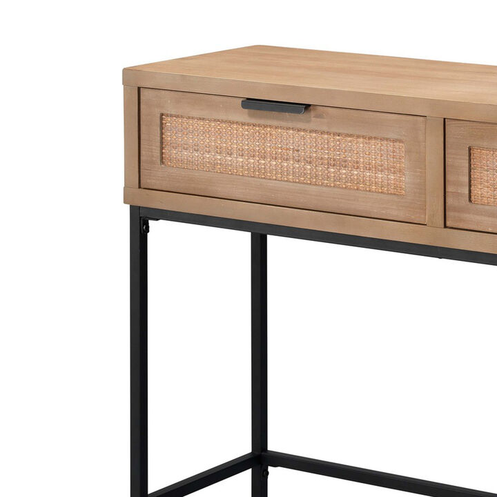 Console Table with Woven Rattan Front Drawers, Brown-Benzara
