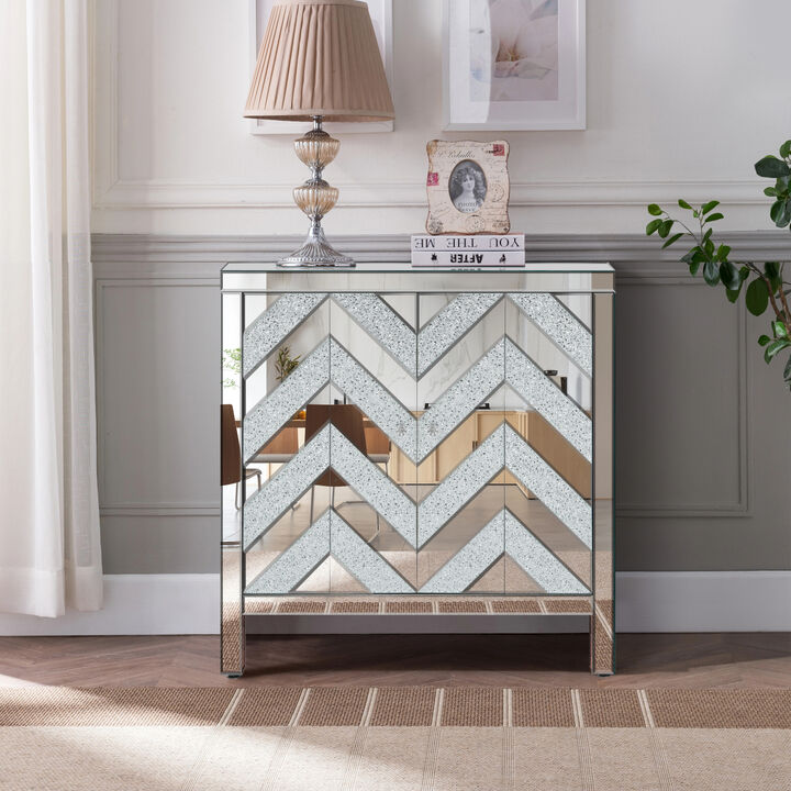 Storage Cabinet with Mirror Trim and M Shaped Design, Silver, for Living Room, Dining Room, Entryway, Kitchen