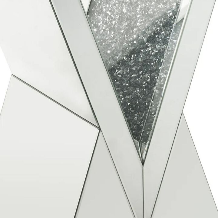 Noe 24 Inch Mirrored End Table, V Pedestal Base, Faux Diamond, Silver-Benzara