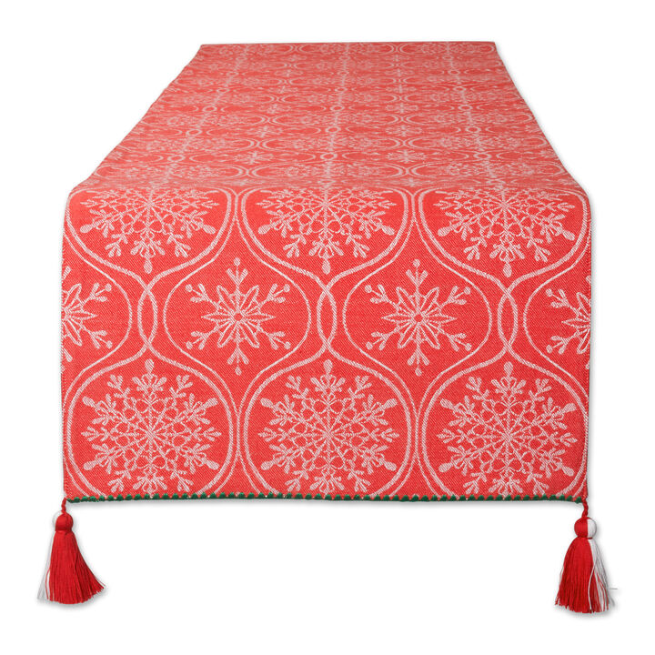 14" x 108" Red and White Joyful Snowflakes Jacquard Collection Trendy Table Runner