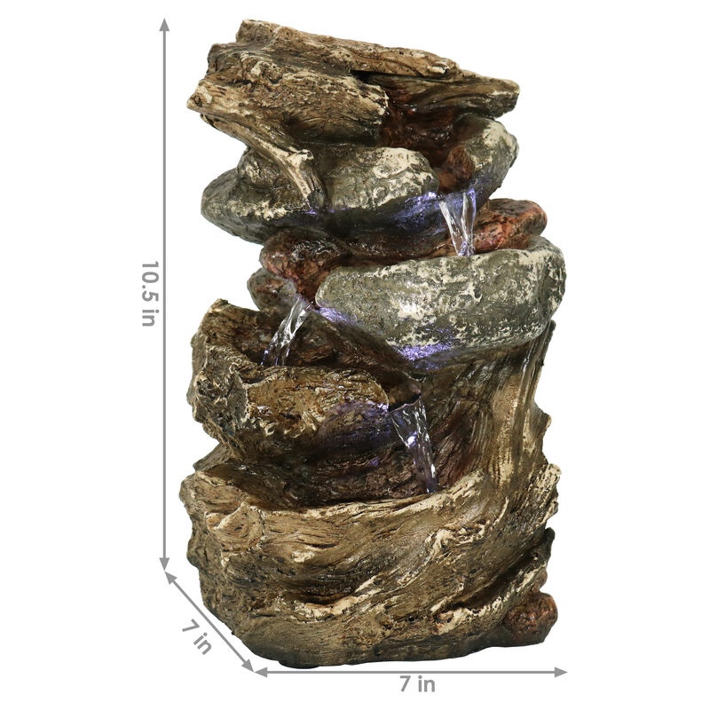Sunnydaze Tiered Rock and Log Indoor Water Fountain with LEDs - 10.5 in