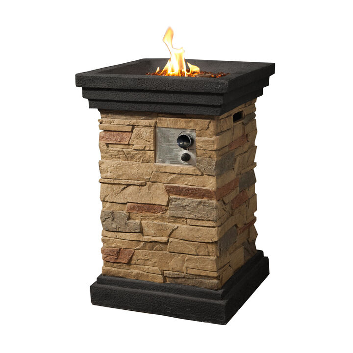 Teamson Home 19" Outdoor Square Slate Rock Propane Gas Fire Pit with Steel Base, Natural Stone
