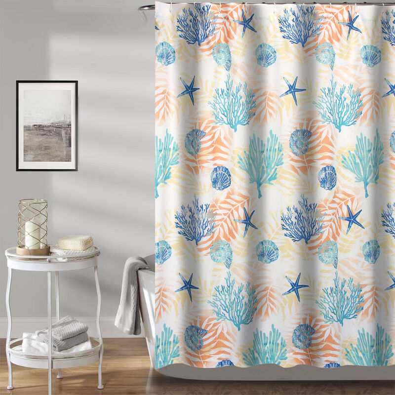 Geo 72 Inch Shower Curtain, White Blue Polyester, Seashells and Ferns Print-Benzara