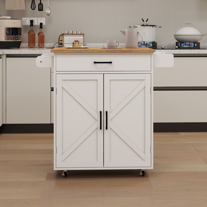 Kitchen island rolling trolley cart with Adjustable Shelves towel rack seasoning rack rubber wood table top White