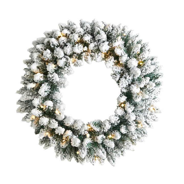HomPlanti 24" Flocked Artificial Christmas Wreath with 160 Bendable Branches and 35 Warm White LED Lights
