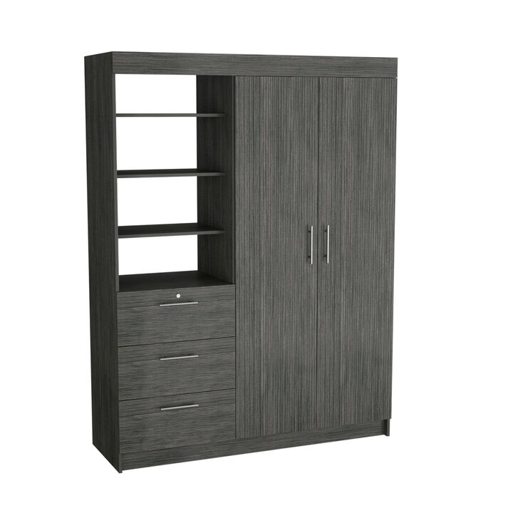 Laurel 3-Tier Shelf and Drawers Armoire with Metal Handles, Smokey Oak -Bedroom
