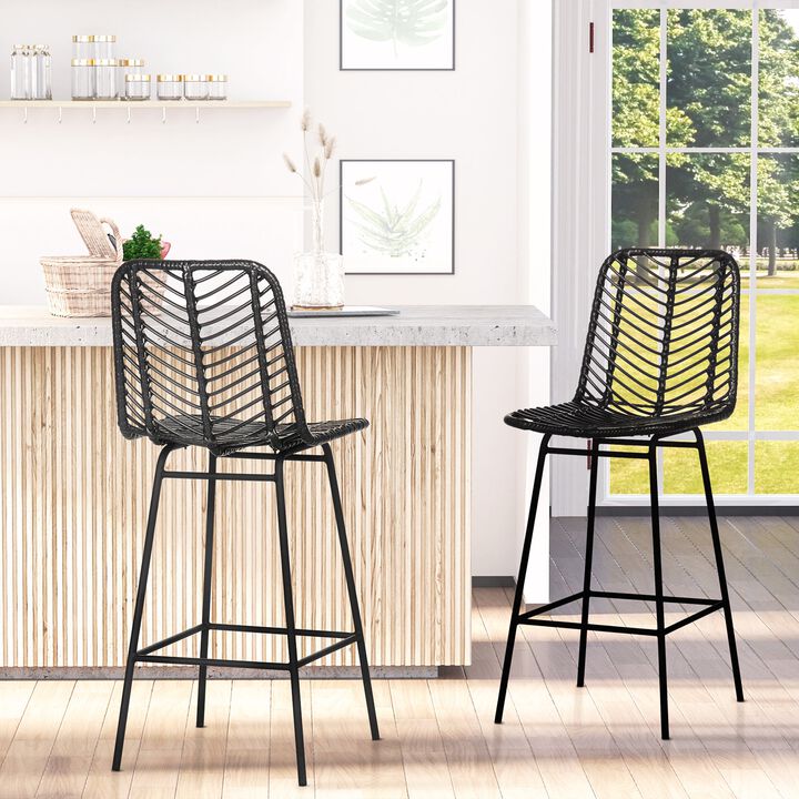 Set of 2 Rattan Barstools Wicker Counter Stools with Steel Legs and Footrest for Dining Room Kitchen Pub Black