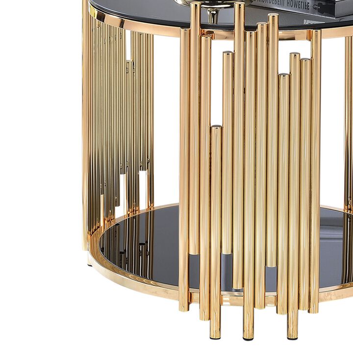 Modern Metal and Glass End Table with Tubing Design, Black and Gold-Benzara