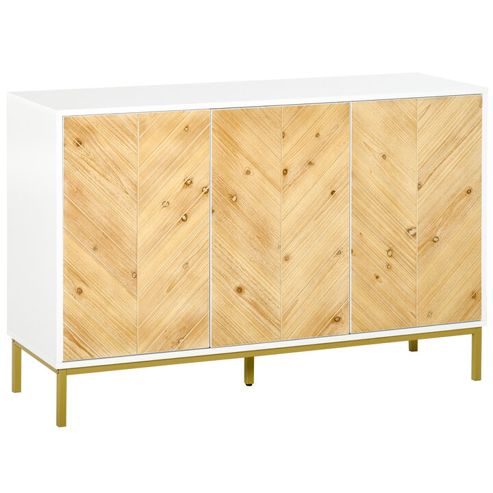 HOMCOM 3 Door Sideboard Buffet Cabinet, Kitchen Cabinet, Coffee Bar Cabinet with Chevron Pattern, Adjustable Shelf and Metal Legs, Natural Wood