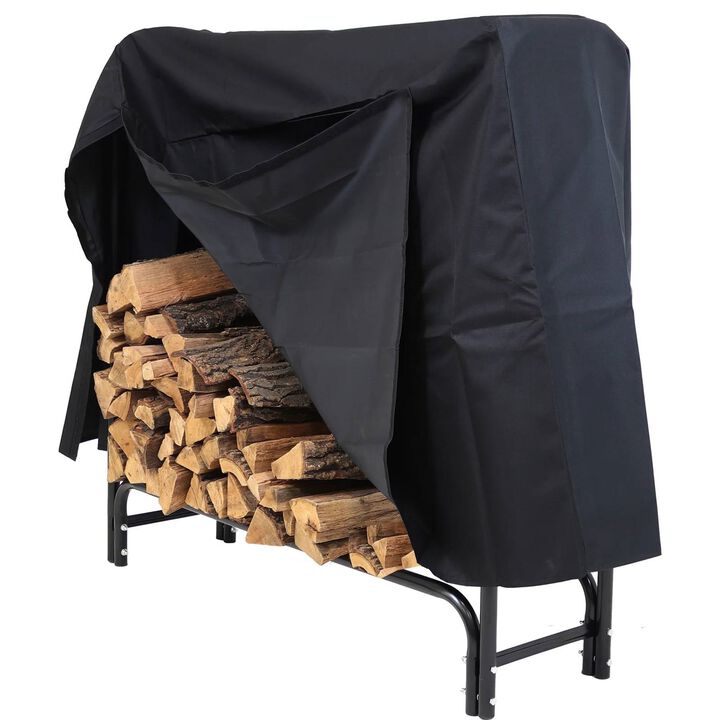 QuikFurn 4-Ft Indoor Outdoor Black Metal Firewood Holder Log Rack with Cover