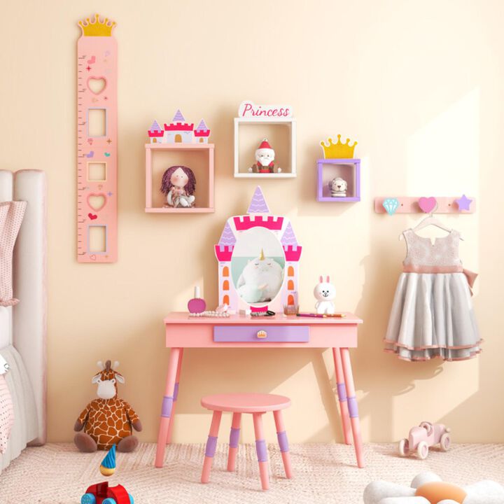 Hivvago Kids Princess Vanity Table and Stool Set with Drawer and Mirror-Pink